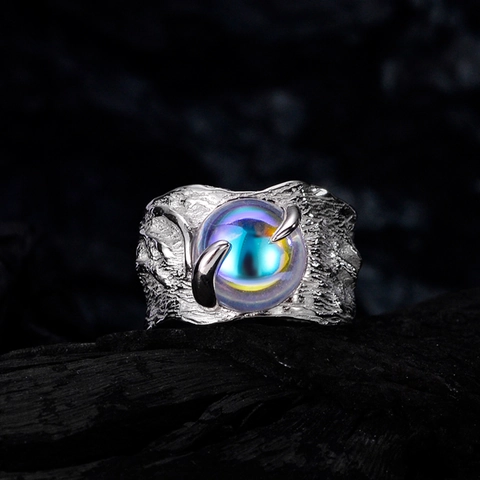 Anillo Abierto de Banda Ancha de Plata de Ley 925 con Textura de Lava Irregular para Mujer Anillo Ajustable de Piedra de Luna Colorida