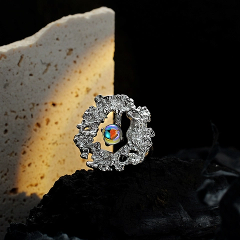 S925 Sterling Silver Open Ring For Women Irregular Lava Texture Color Changing Moonstone Minimalist Luxury Ins Style Finger Ring