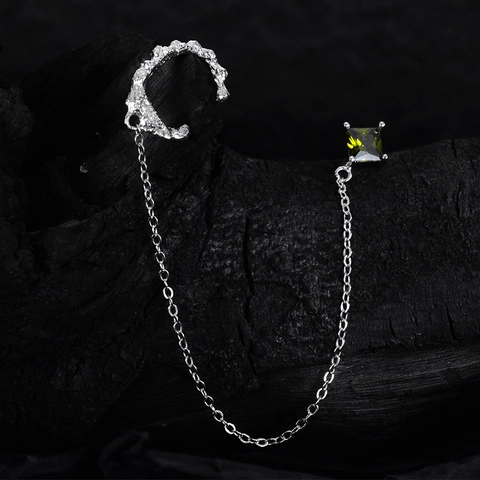 Pendiente de Puño de Plata de Ley 925 Con Cadena Cuadrada Diamante de Imitación Verde Estilo Esmeralda Textura Lava Joyas Mujer