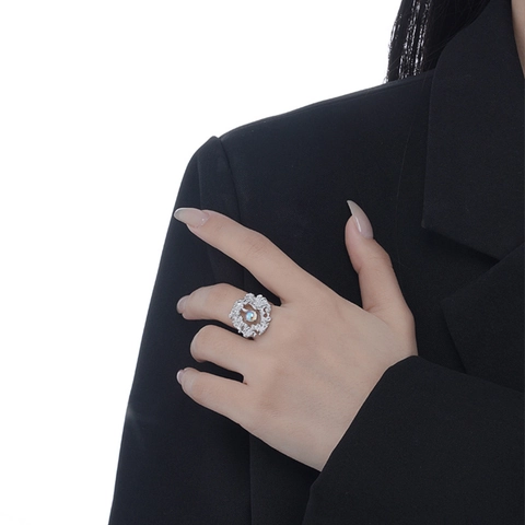 S925 Sterling Silver Open Ring For Women Irregular Lava Texture Color Changing Moonstone Minimalist Luxury Ins Style Finger Ring