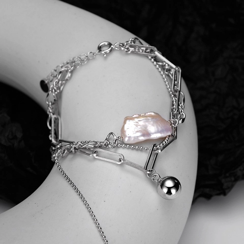 Bracciale Multistrato in Argento Sterling 925 Fatto a Mano con Perla Barocca per Donna Minimalista con Sfera d Argento Gioielli Regalo