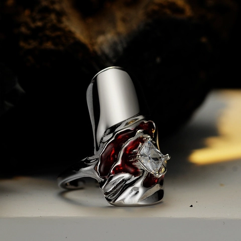 Anillo de Punta de Dedo de Plata de Ley S925 Textura de Metal Líquido Esmalte Rojo Strass Chic Anillo Abierto