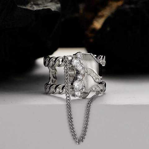 Anello Aperto in Argento Sterling S925 Con Nappa a Catena Per Donna Elegante Gioiello Regolabile Con Strass Per Indice