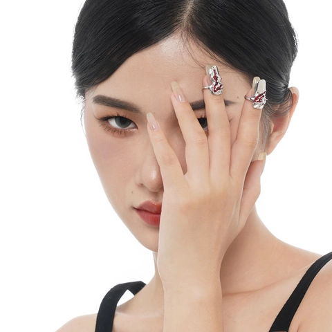925 Sterling Silver Irregular Liquid Metal Ring Red Enamel Gothic Fingertip Nail Ring Adjustable Jewelry For Women