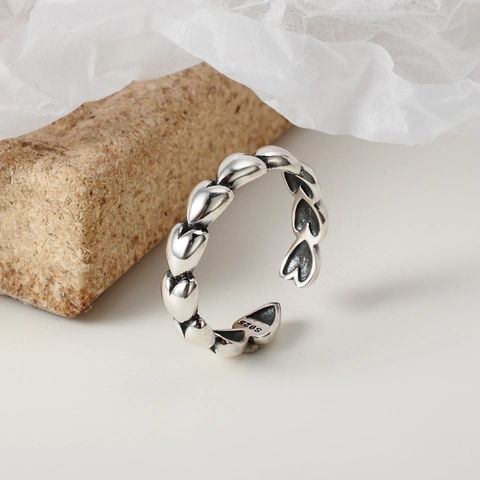 Anillo de Corazón de Plata de Ley S925 para Mujer Anillo Abierto Ajustable de Plata Tailandesa Vintage Joyería de Amor Envejecida