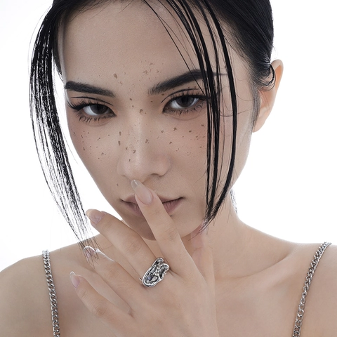 Vintage 925 Sterling Silver Irregular Lava Ring For Women Niche Liquid Metal Texture Adjustable Open Band Punk Style Fashion