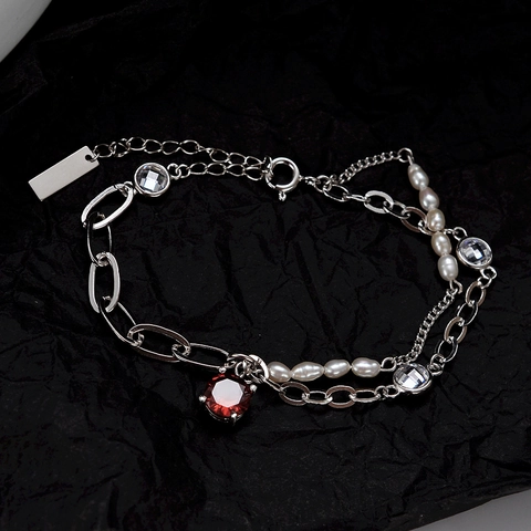 Bracciale in Argento Sterling 925 Con Perle Barocche per Donna Bracciale a Catena a Doppio Strato Con Strass Rossi Gioielli Retrò