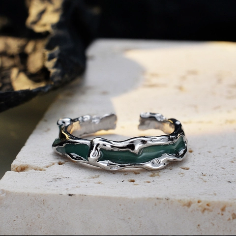 Anello in Argento Sterling S925 Smalto per Donna Stile Coreano Irregolare Texture Lava Anello Aperto Regolabile Gioielli Regalo