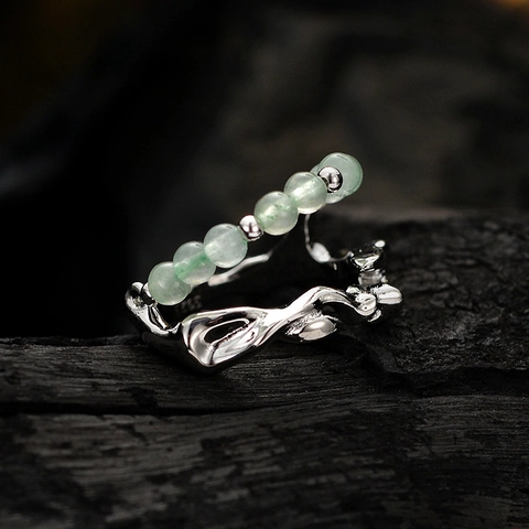 New Chinese Style Bamboo Texture 925 Sterling Silver Ring For Women Inlaid Green Aventurine Jade Beads Adjustable Open Ring