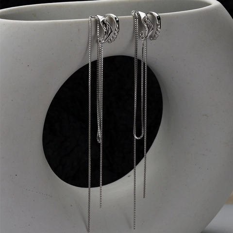 S925 Sterling Silver Double Layer Chain Tassel Ear Cuff For Women Micro Inlaid Rhinestone Non Pierced Earrings Fashion Jewelry Gift