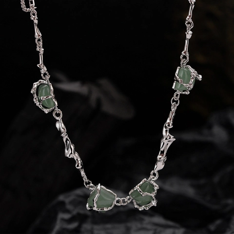 Collana Nodo di Bamboo in Argento Sterling 925 per Donna Pietra Avventurina Verde Elegante Nuovo Stile Cinese Gioielli Vintage