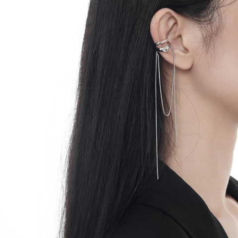S925 Sterling Silver Double Layer Chain Tassel Ear Cuff For Women Micro Inlaid Rhinestone Non Pierced Earrings Fashion Jewelry Gift