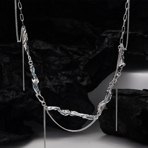 Collier en Argent Sterling 925 Métal Liquide pour Femme Bleu Menthe Émail Gland Chaîne Double Couche Collier de Clavicule Texture Fondue