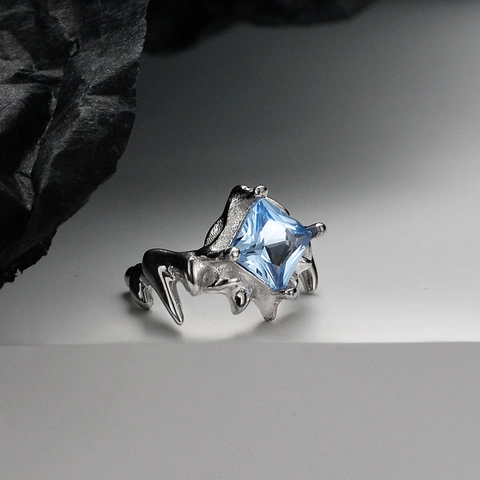 Pendiente de Clip de Plata de Ley 925 para Mujer Textura de Espinas Vintage Strass Azul Cuadrado Joyería sin Perforación