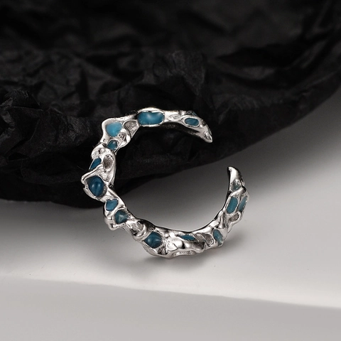 925 Sterling Zilver Onregelmatige Vloeibare Lava Ring Voor Dames Heren Koraalblauw Emaille Verstelbare Open Vingerring Sieraden