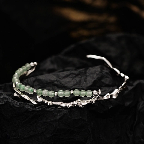 925 Sterling Silver New Chinese Style Bamboo Texture Cuff Bracelet With Green Aventurine Beads Platinum Color Adjustable Bangle Jewelry For Women