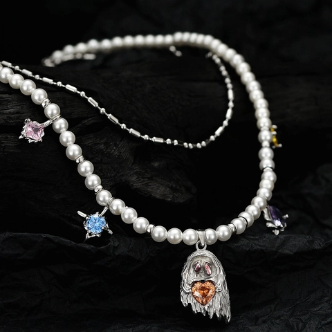 925 Sterlingsilber Layered Perlenkette Für Damen Bunter Zirkonia Herz Stern Gespenst Anhänger Hip Hop Schmuck