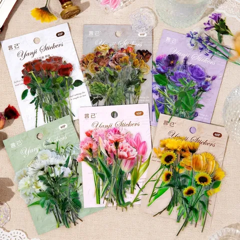 Vintage Floral PET Transparent Scrapbooking Stickers Decorative Flower Rose Sunflower Tulip Journaling Stationery Accessory