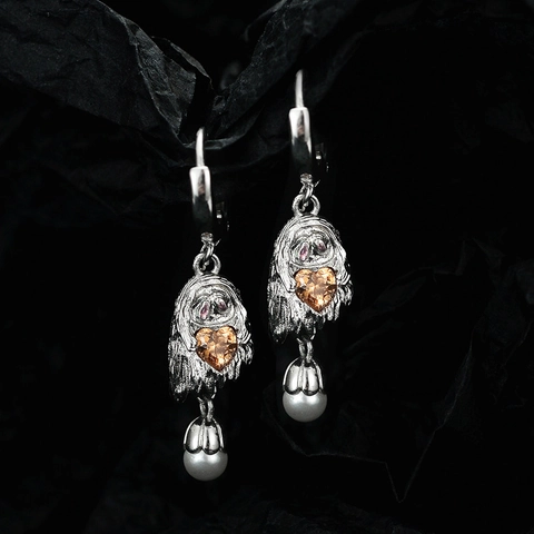 Pendientes de Gota de Plata de Ley 925 con Corazón de Fantasma Circonia y Perla para Mujer Joyería Gótica Punk Halloween