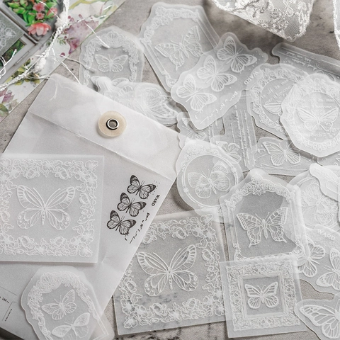 Retro White Lace Butterfly Vellum Paper Stickers For Scrapbooking DIY Journaling Vintage Floral Translucent Decorative Stickers