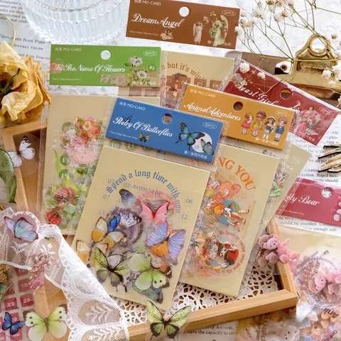 Pack d'Autocollants PET Vintage pour Scrapbooking Motif Floral Papillon Ange Autocollants Décoratifs pour DIY Journaling