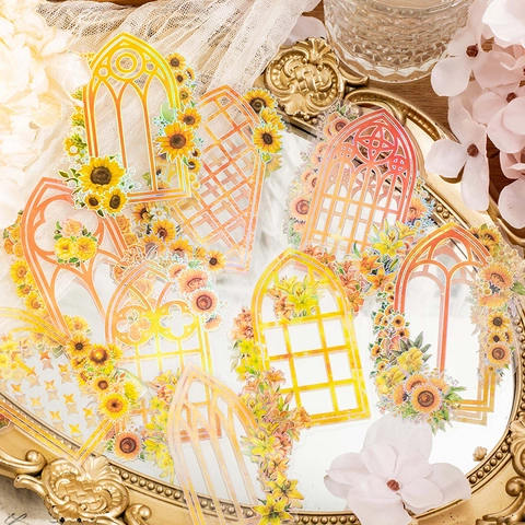 Vintage Window Floral PET Stickers Laser Holographic Decorative Decals For DIY Scrapbooking Journaling Supplies Art Crafts Stationery