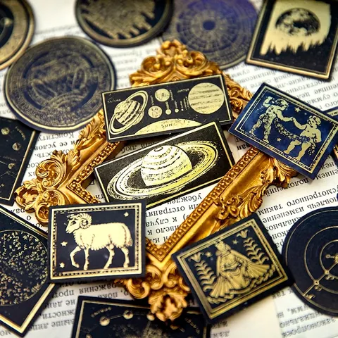 60 Stuks Vintage Goudstempel Washi Stickers Set Hemelse Botanische Astrologische Thema DIY Scrapbooking Dagboek Decoratieve Stickers