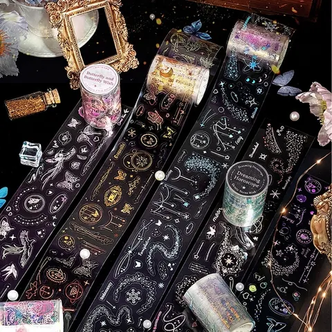 Laser Gold Foil PET Decorative Tape Sticker Dreamy Starry Sky Butterfly Whale Pattern For Scrapbooking DIY Journaling Decor