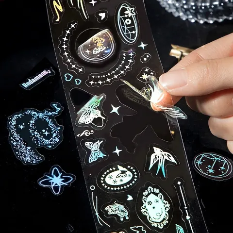 Laser Gold Foil PET Decorative Tape Sticker Dreamy Starry Sky Butterfly Whale Pattern For Scrapbooking DIY Journaling Decor