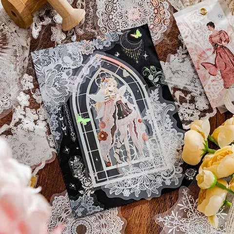 Pegatinas PET Serie Vintage Lace Utopia Estampado en Plata Tinta Blanca Decorativas para Scrapbooking Material Diario