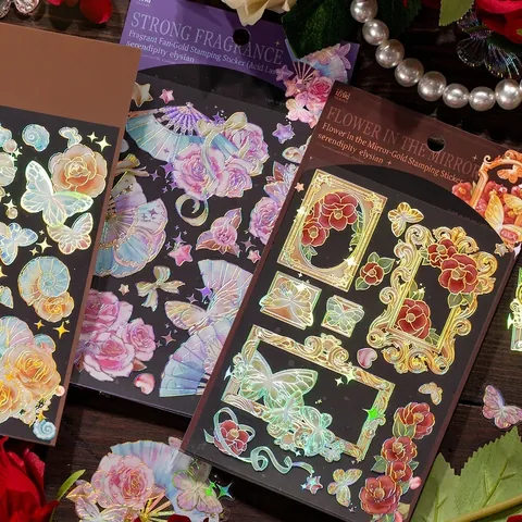 Pegatinas de PET Florales Vintage Con Estampado en Oro Plata Mariposa Flor Estética Scrapbooking Diario Pegatinas Decorativas