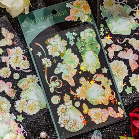 Pegatinas de PET Florales Vintage Con Estampado en Oro Plata Mariposa Flor Estética Scrapbooking Diario Pegatinas Decorativas