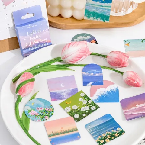 Autocollants de Série de Peinture à l'Huile au Clair de Lune Mis en Boîte Style INS Paysages Esthétiques Fleurs Décoration de Journal DIY