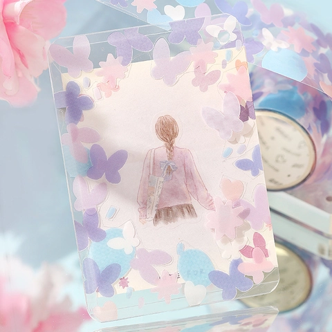 Cinta Adhesiva Decorativa de PET Serie Sueño de Color Glaseado Patrón Floral Mariposa Pegatinas Transparentes Para Scrapbooking DIY