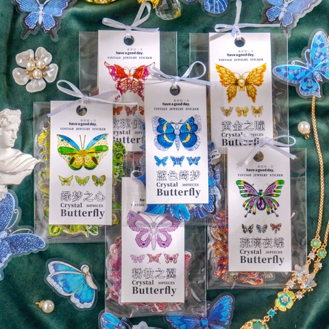 Autocollants Papillon en Relief Vintage PET Imperméable Style Bijoux en Cristal Décalcomanies pour Journaling DIY Arts Artisanat