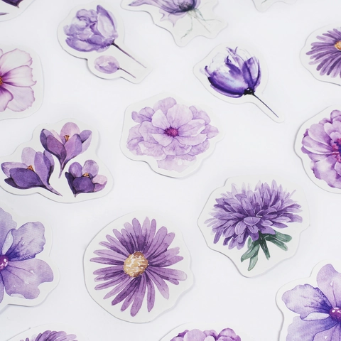 46Pcs Ethereal Purple Smoky Floral Stickers Set Watercolor Botanical Flower Decorative Decals For DIY Journal Scrapbooking Stationery