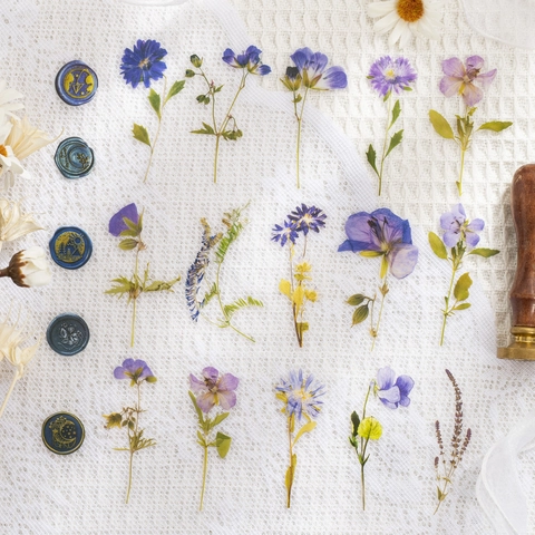 Vintage PET Dried Flower Stickers Wax Seal Style Botanical Plant Decals For Scrapbooking DIY Journaling Decoration Stationery Supplies