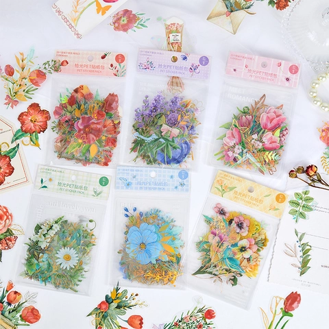 40 Pezzi Vintage PET Adesivi Floreali Trasparenti Impermeabili Botanici Decalcomanie Stampa Oro Per DIY Scrapbooking Diario Decorazione