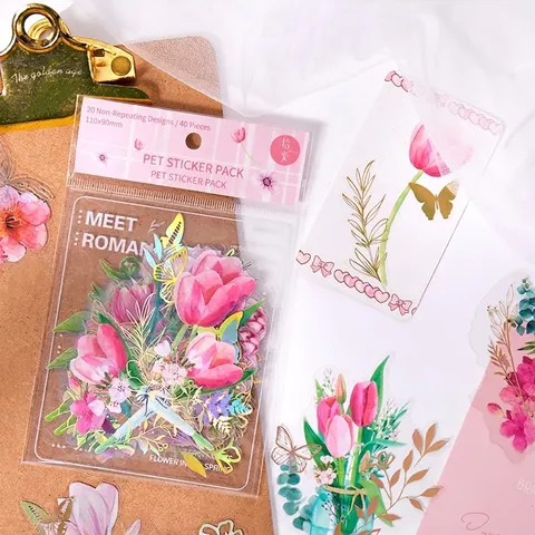 40 Pezzi Vintage PET Adesivi Floreali Trasparenti Impermeabili Botanici Decalcomanie Stampa Oro Per DIY Scrapbooking Diario Decorazione