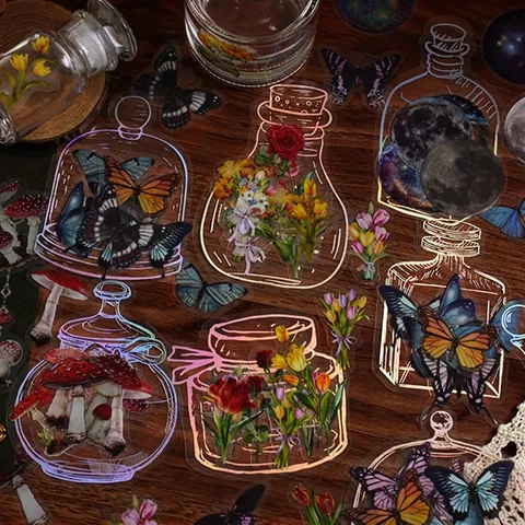 Set di Adesivi Trasparenti in PET Vintage Per Scrapbooking Fai-da-te Adesivi Decorativi Con Stampa Argento Laser Motivi Floreali Farfalla