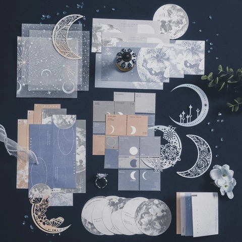 Moon Phase Scrapbooking Material Kit Sulfuric Acid Paper Hollow Out Starry Sky Flower Butterfly Stickers Stationery Journaling DIY Decoration