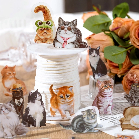 Confezione da 40 Pezzi Adesivi Gatto in PET Impermeabili Retrò Illustrazione Animale Decalcomania per Scrapbooking Fai da Te