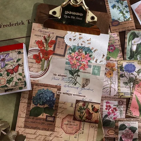 50 Sheets Vintage Washi Sticker Book Retro Botanical Floral Bird Butterfly Deco Stickers For DIY Scrapbooking Journaling