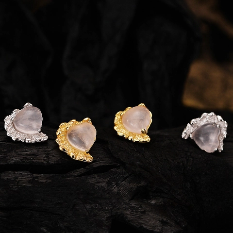 Orecchini a Bottone a Cuore in Argento Sterling 925 con Quarzo Rosa per Donna Vintage Placcati in Oro con Gemme Rosa Gioielli