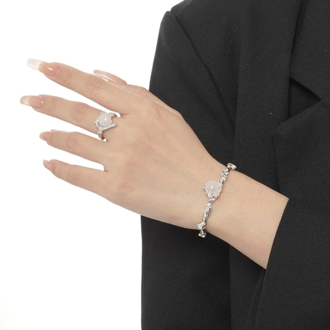 Luxury 925 Sterling Silver Heart Pink Crystal Bangle For Women Lava Texture Open Adjustable Elegant Gemstone Cuff Bracelet