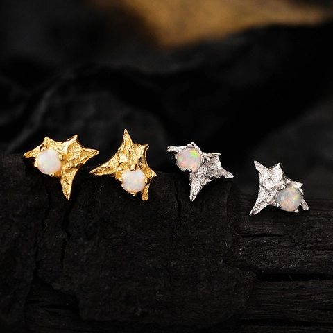Pendientes de Botón Estrella de Plata de Ley 925 para Mujer Textura de Lava Irregular Gema Iridiscente Joyería Minimalista