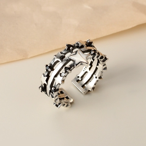 Vintage 925 Sterlingsilber Stern Offener Ring Für Damen Distressed Street Style Verstellbarer Ring Mit Schwarzem Zirkonia