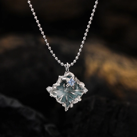 Collar Con Colgante Plisado Irregular de Plata de Ley S925 para Mujer Esmalte Azul Incrustaciones de Strass Joyería Cadena