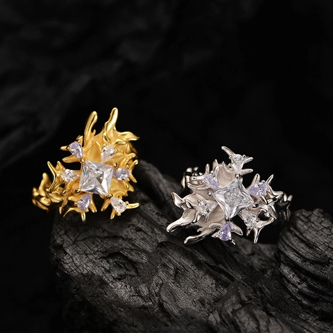 Luxury 925 Sterling Silver Snowflake Zirconia Ring Irregular Adjustable Open Finger Ring Fashion Jewelry For Women Gift