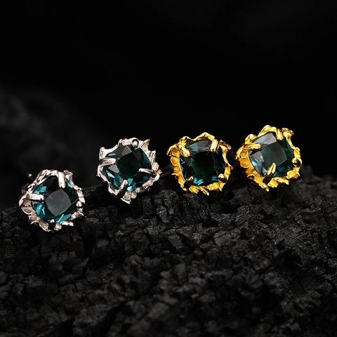 Pendientes de Botón de Plata de Ley S925 con Diamantes de Imitación Cuadrados para Mujer Textura de Lava Artesanal Joyería